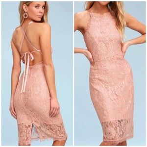 blush pink lace bodycon midi dress